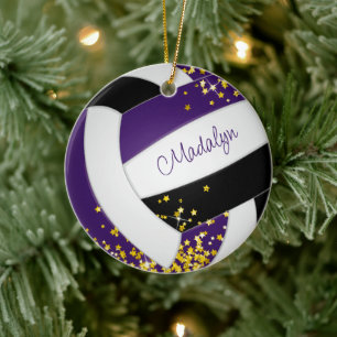 girls purple black volleyball with tiny gold stars ceramic tree decoration