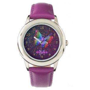 Girls Purple Butterfly Glitter Personalised Name Watch
