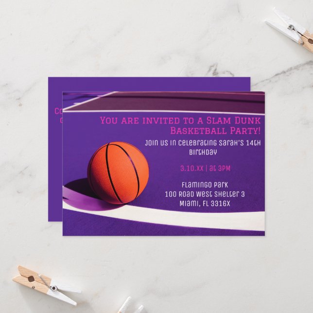 Girls purple court basketball birthday invitations (Front/Back In Situ)