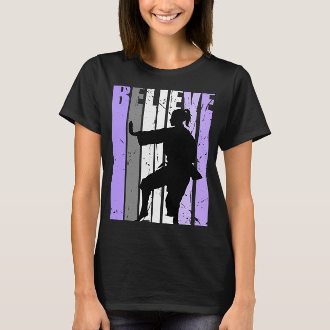 Girls Purple Distressed Believe Karate Girl White  T-Shirt (Front)