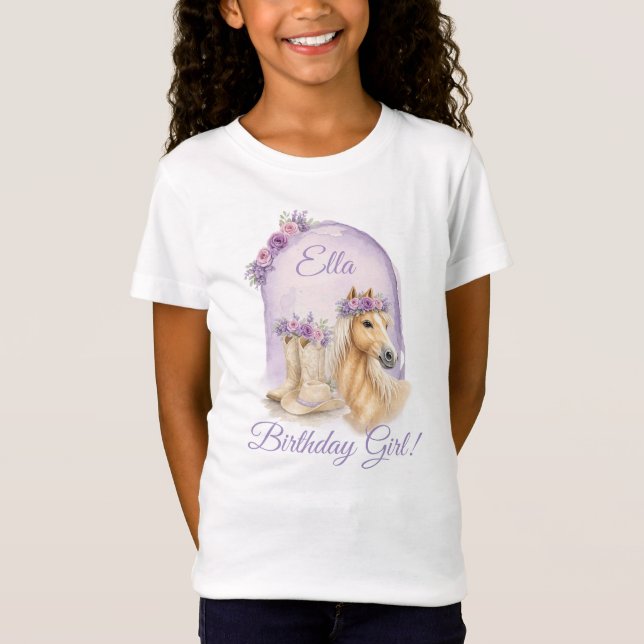 Girls Purple Floral Horse Birthday Girl  T-Shirt (Front)