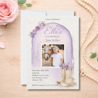 Girls Purple Floral Horse Birthday Invitation