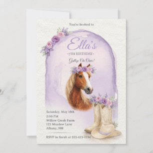 Girls Purple Floral Horse Birthday Invitation