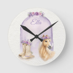 Girls Purple Floral Horse Round Clock