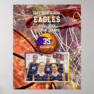 girls purple gold team colours photo basketball poster