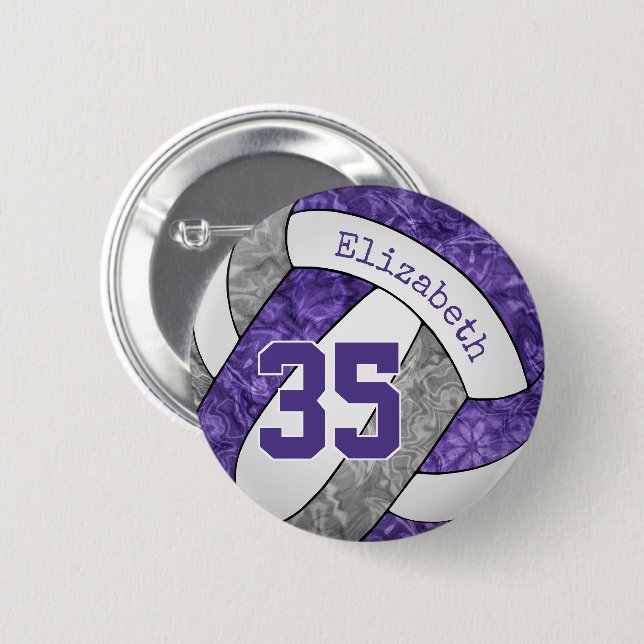 girls purple grey volleyball team colours 6 cm round badge (Front & Back)