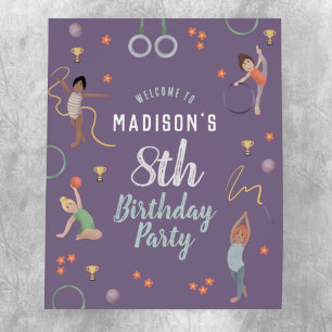 Girls Purple Gymnastics Kids Birthday Welcome Sign