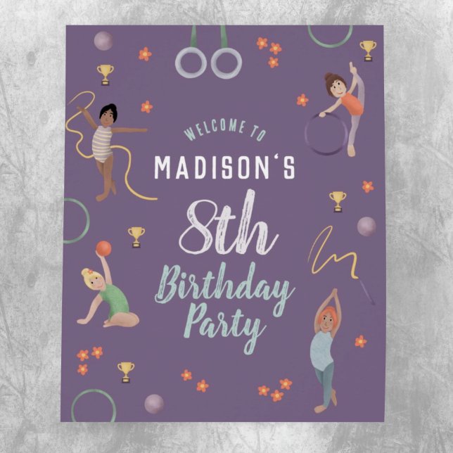 Girls Purple Gymnastics Kids Birthday Welcome Sign (Creator Uploaded)