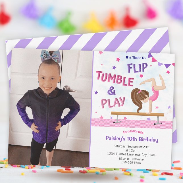 Girls Purple Gymnastics Photo Birthday Party Invitation (Girls Purple Gymnastics Photo Birthday Party Invitation)