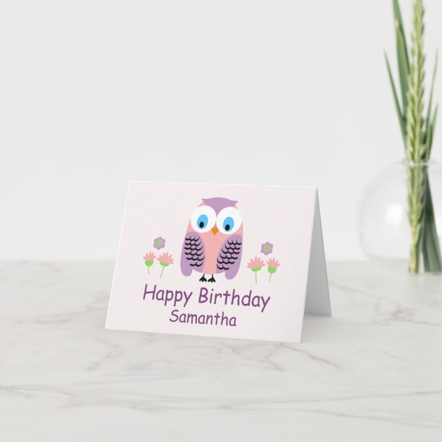 Girls Purple Owl Birthday Card (Front)