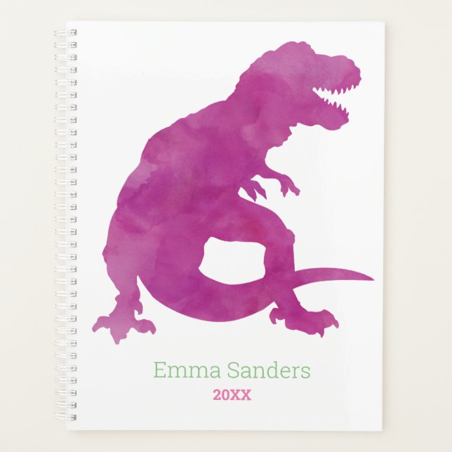 Girls Purple Pink Dinosaur Watercolor T-Rex Kids Planner (Front)