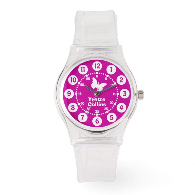 Girls purple, pink, white full name wrist watch (Front)
