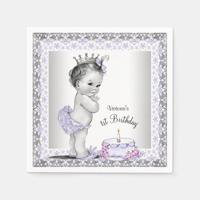 Girls Purple Princess 1st Birthday Napkin (Front)