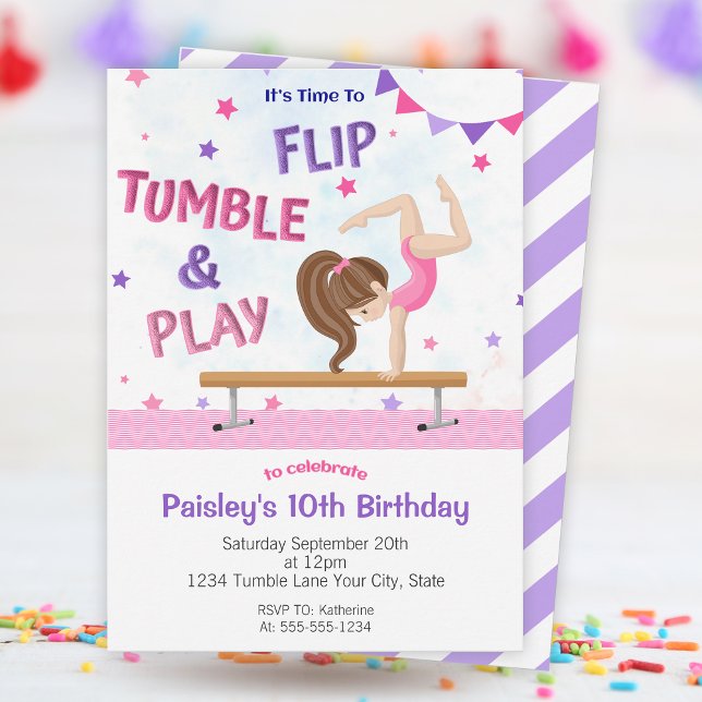 Girls Purple Tumbling Gymnastics Birthday Party Invitation (Girls Purple Tumbling Gymnastics Birthday Party Invitation)