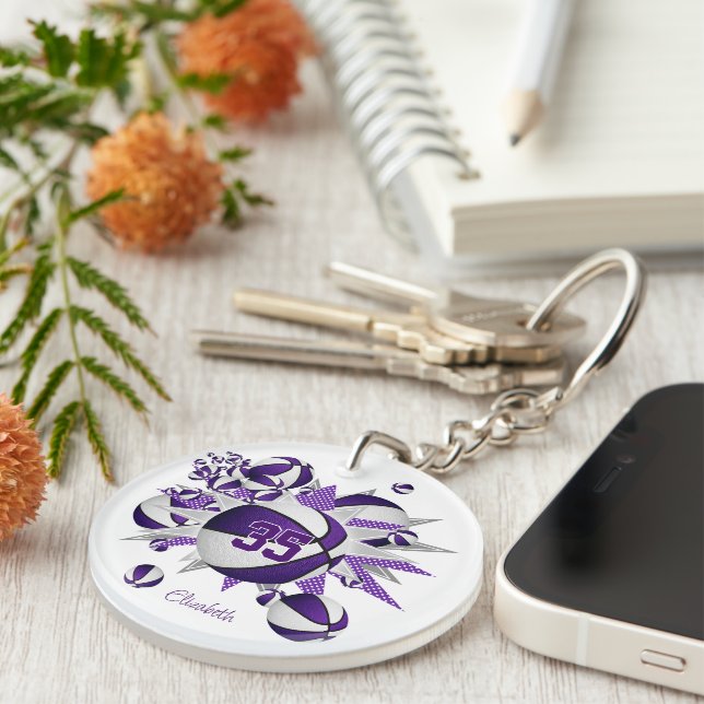 girls purple white basketballs stars  key ring (Front Right)