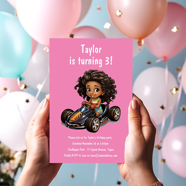 Girls Race Car Kids Birthday Party Invitation (Creator Uploaded)