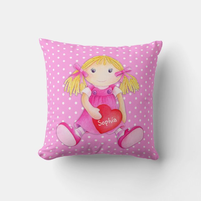 Girls rag doll dolly name flower polka dot pillow (Front)