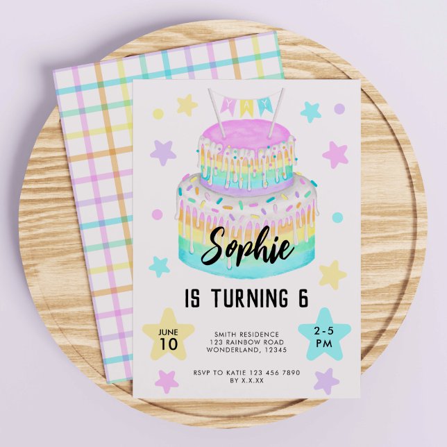 Girls' Rainbow Cake 6th Birthday Invitation (Girls' Rainbow Cake Birthday Invitation)