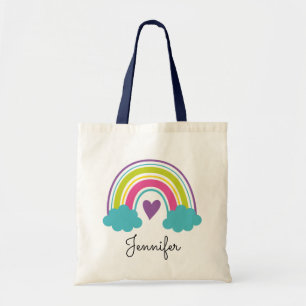 Girls Rainbow Tote Bag with Navy Blue Handle