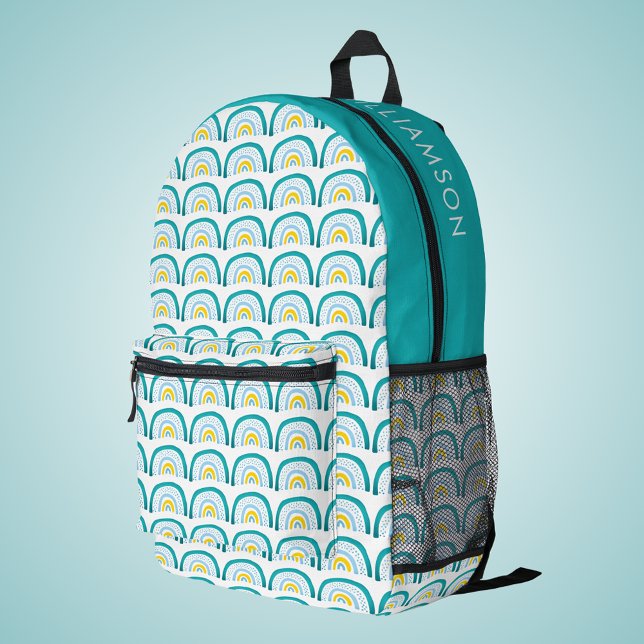 Girls Rainbow turquoise Printed Backpack (Cute rainbow backpack in turquoise, blue and yellow.  Customize with child's name or other text.)