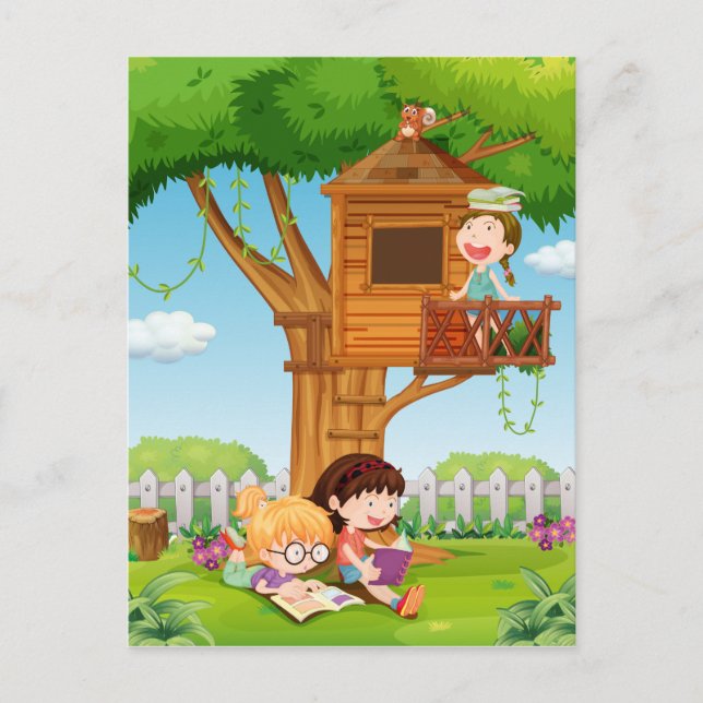Girls reading books in the garden postcard (Front)