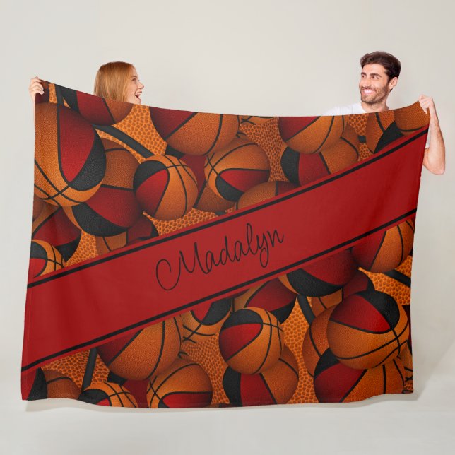 girls red black basketball pattern personalised fleece blanket (In Situ)