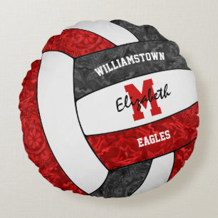 Girls red black volleyball team colours round cushion