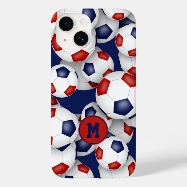 Girls red blue soccer balls pattern monogrammed  Case-Mate iPhone case (Back)