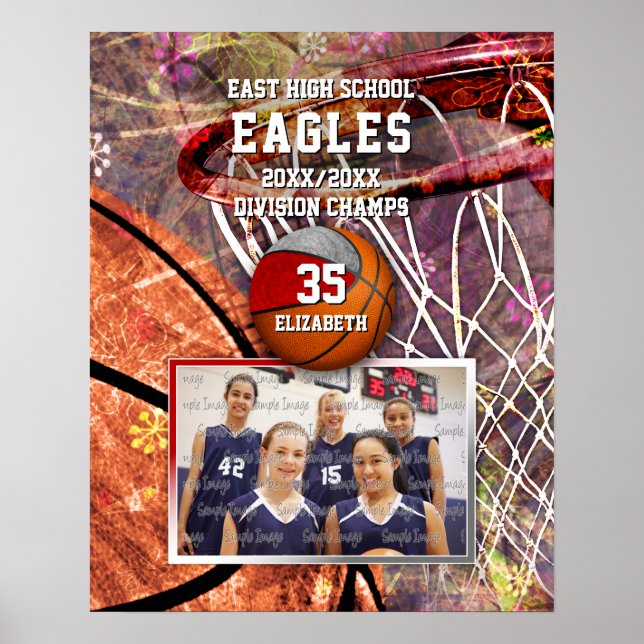girls red gray team colors photo basketball poster (Front)