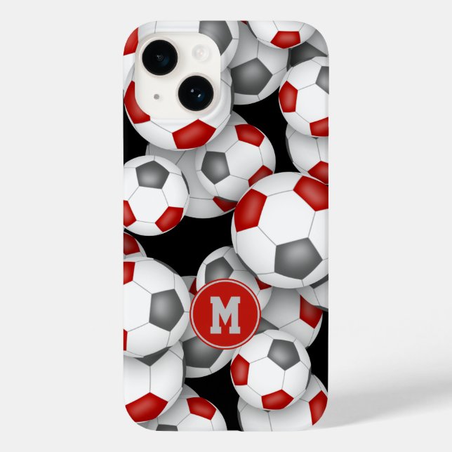 Girls red grey soccer balls pattern monogrammed  Case-Mate iPhone case (Back)