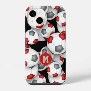 Girls red grey soccer balls pattern monogrammed iPhone 14 case
