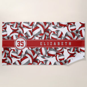 girls red grey volleyballs pattern custom name  beach towel