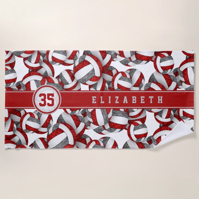 girls red grey volleyballs pattern custom name  beach towel (Front)