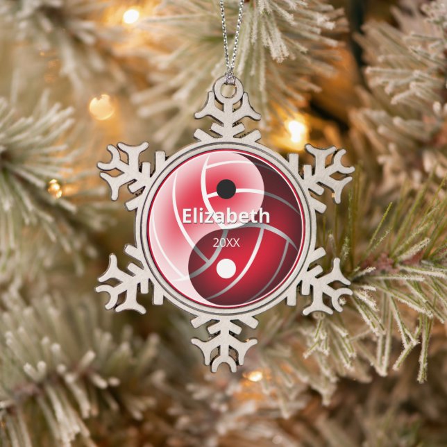 girls red or ANY colour yin yang volleyball Snowflake Pewter Christmas Ornament (Tree)