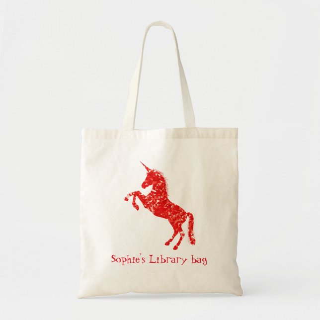 Girl's red unicorn book name library bag (Front)