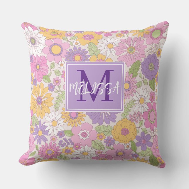 Girls Retro Floral Monogram Script Name Accent  Cushion (Front)