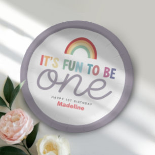 Girls Retro Fun to be One Rainbow 1st Birthday Paper Plate