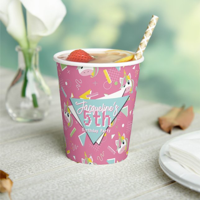 Girls Retro Pink Unicorn Birthday Paper Cups (Insitu)