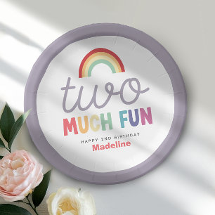 Girls Retro Two Much Fun Rainbow 2nd Birthday Paper Plate