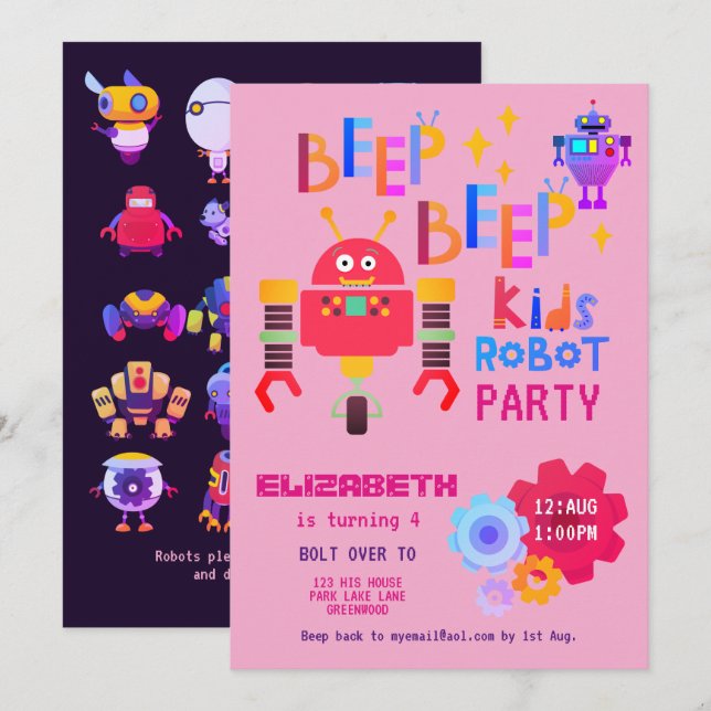 Girls ROBOT PARTY Pink Birthday Cartoon Cute Invitation (Front/Back)