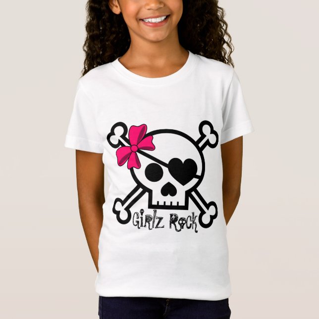 Girls Rock Skull and Pink Bow T-Shirt (Front)