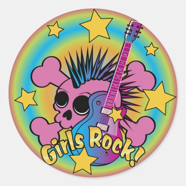 Girls Rock Skull Classic Round Sticker (Front)