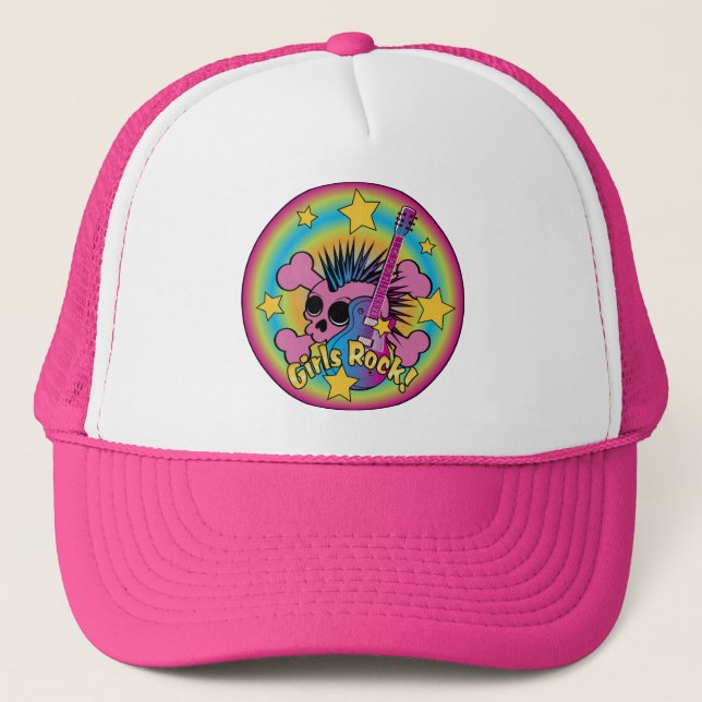 Girls Rock Skull & Crossbones Trucker Hat (Front)