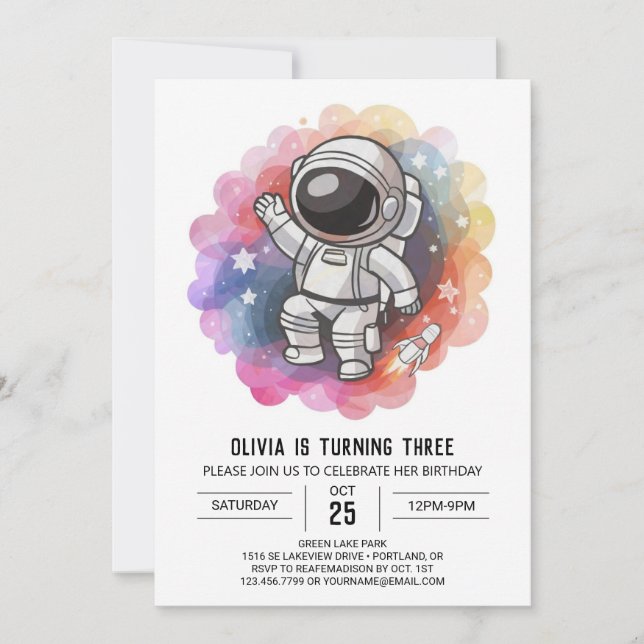 Girl's Rocket Elegance Astronaut Birthday Invitation (Front)