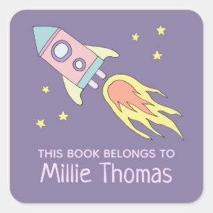 Girl's Rocket Ship 'This Book Belongs' and Name Square Sticker