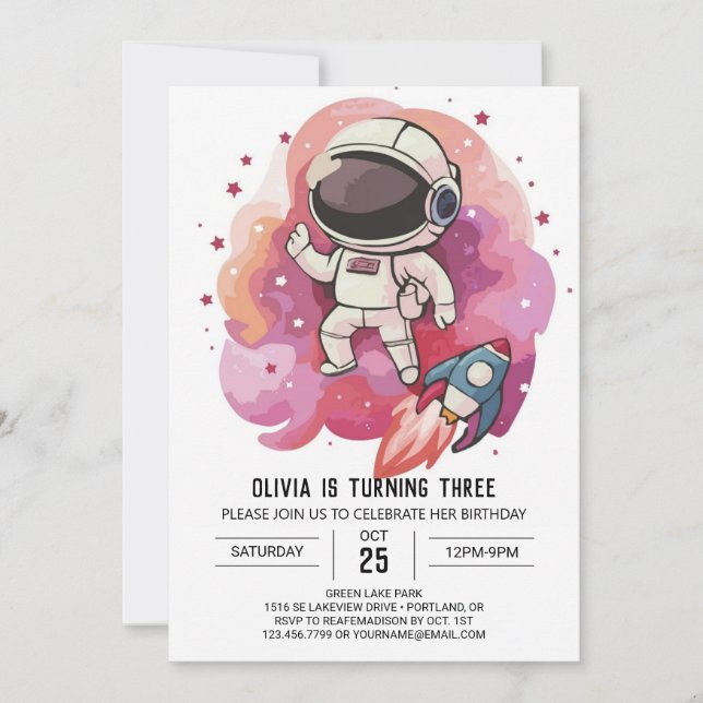 Girl's Rocket Whimsy Astronaut Birthday Invitation (Front)