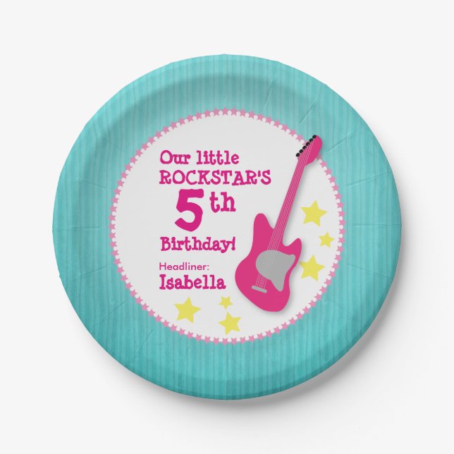 Girl's Rockstar Birthday with Pink Guitar Paper Plate (Front)