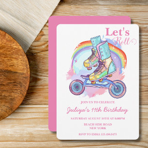 Girls Roller Skating pink Birthday Party Invitation