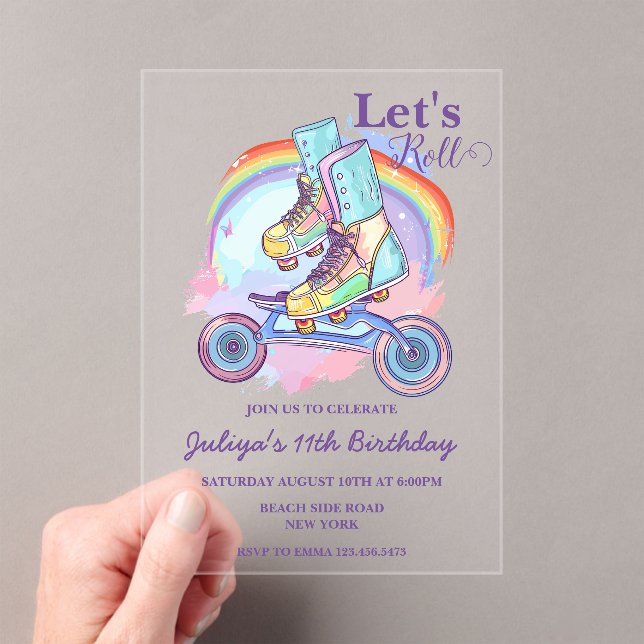 Girls Roller Skating purple Birthday Party Acrylic Invitations (Insitu (Handheld))