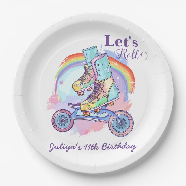 Girls Roller Skating purple Birthday Party Paper Plate (Front)